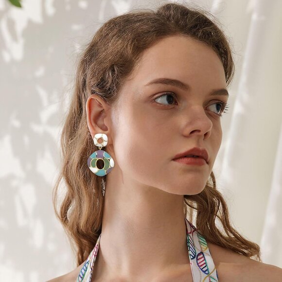 Multicolor Earrings for Women Sparkly Geometric Dangle Drop Statement Jewelry - Picture 2 of 6